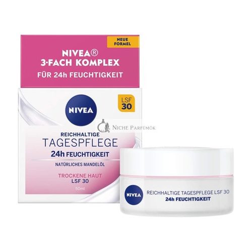 Nivea Reichhaltige Tagescreme 24h Feuchtigkeit SPF 30 50ml mit Natürlichem Mandelöl und Magnolie