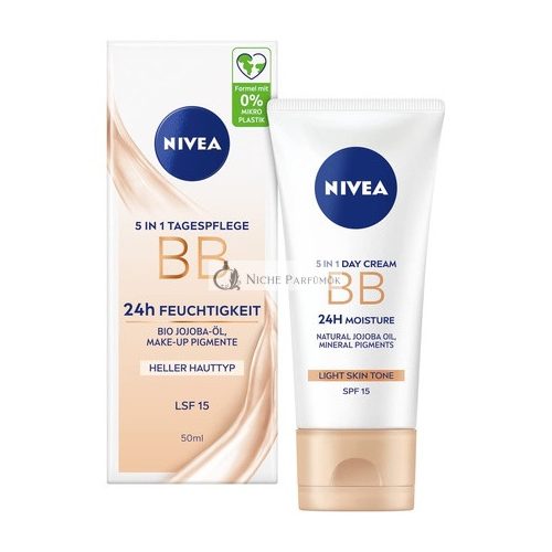 NIVEA 5 IN 1 Tagespflege BB 24h Feuchtigkeitspflege SPF 15 Getönte Creme für Helle Hauttypen mit Bio-Jojobaöl und Make-up-Pigmenten