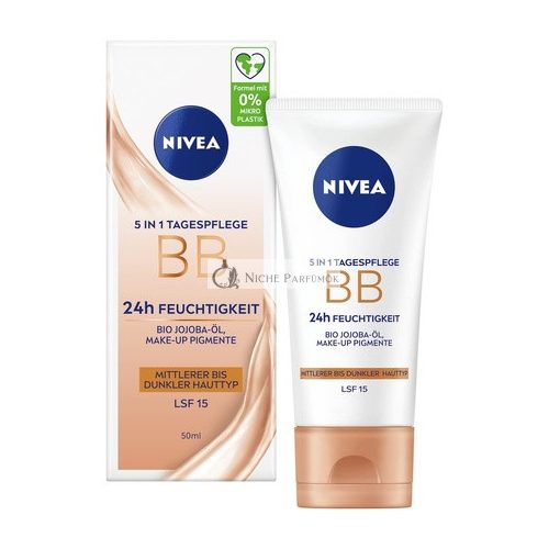 NIVEA 5 AZ 1-BEN Napi Ápolás BB 24h Hidratáló SPF 15 Tinted Krém Közepes és Sötét Bőrtípusokhoz, Organikus Jojoba Olajjal és Smink Pigmentekkel