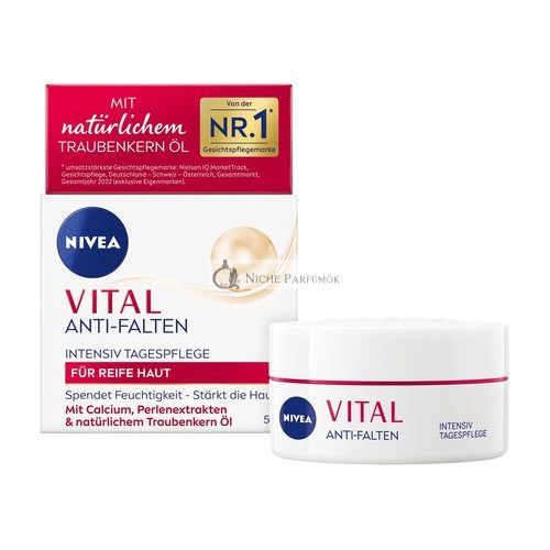 NIVEA VITAL Anti-Ránc Intenzív Nappali Krém Érett Bőrre Kalciummal, Gyöngykivonattal és Természetes Szőlőmagolajjal 50ml