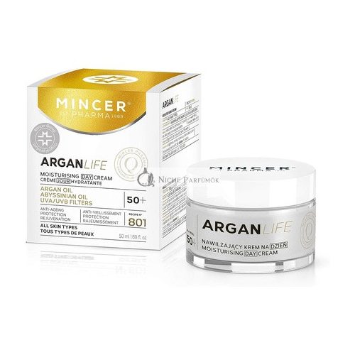 Mincer Pharma Argan Life 50+ Hidratáló, Megújító, Védő Anti-Aging Nappali Krém Minden Bőrtípusra Argan Olajjal, Abyssinian Olajjal, UVA és UVB Szűrőkkel, 50ml