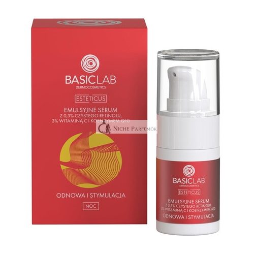 BasicLab Dermokosmetik Gesichtsserum mit Retinol, Coenzym Q10 und Vitamin C, 15ml, Anti-Falten Nachtserum für Frauen