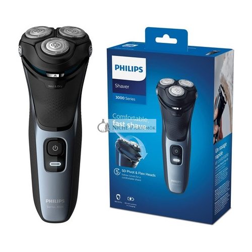 Philips Series 3000 Nedves vagy Száraz Férfi Elektromos Borotva 5D Forgó és Flex Fejek, Fényes Kék